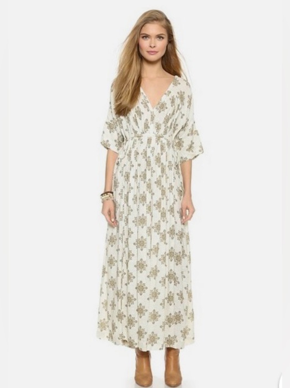 New Free People Hollywood Star Oasis Floral Print Rollup Sleeve Maxi dress Sz. S